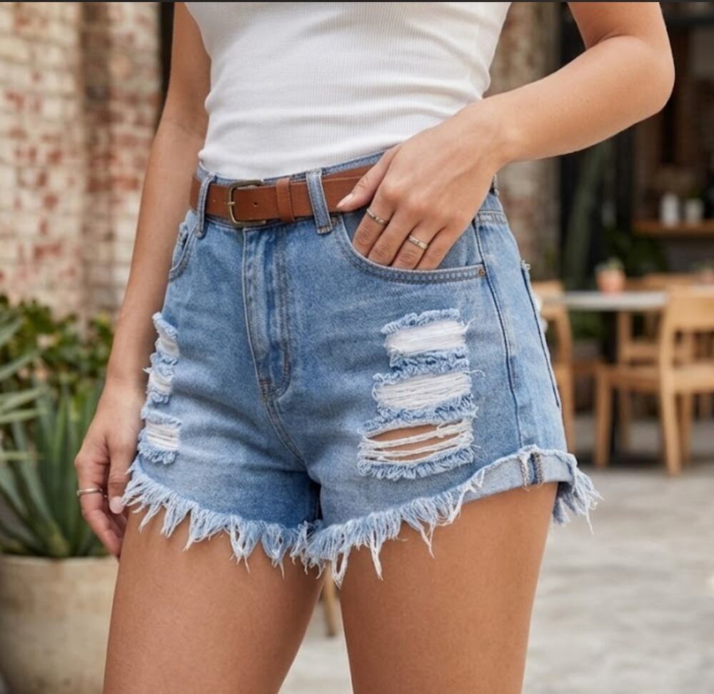 SHEIN Women's Distressed Ripped Frayed Hem Denim Shorts Medium Wash SZ L